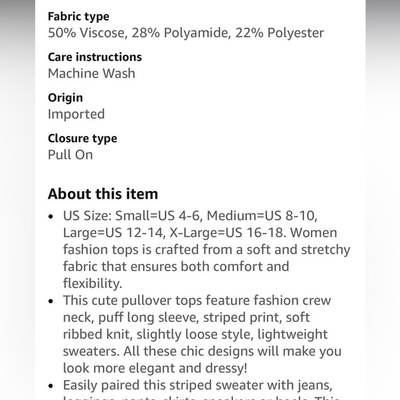 ZESICA Striped Puff Long Sleeve Sz M Fall Crewneck Ribbed Knit Casual Pullover - Picture 7 of 7